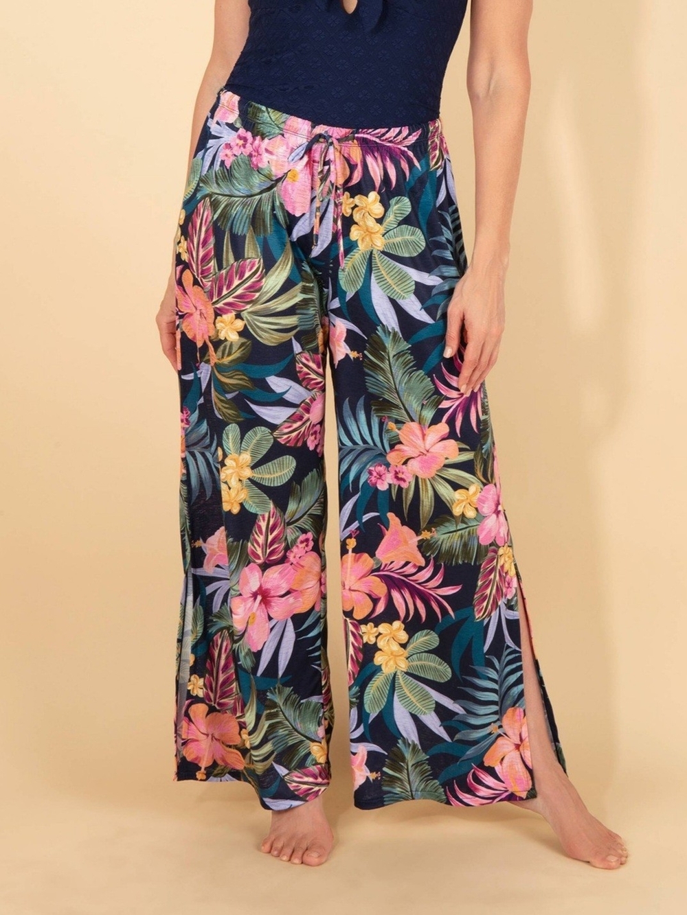 Lands' End Navy Tropical Floral Swim Cover Up Pants Side Slit Wide Leg Medium
